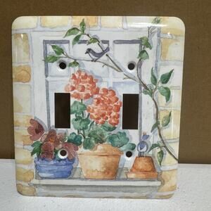 Double Toggle Metal Light Switch Plate Cover Flower Garden Blue Kitchen Cottage